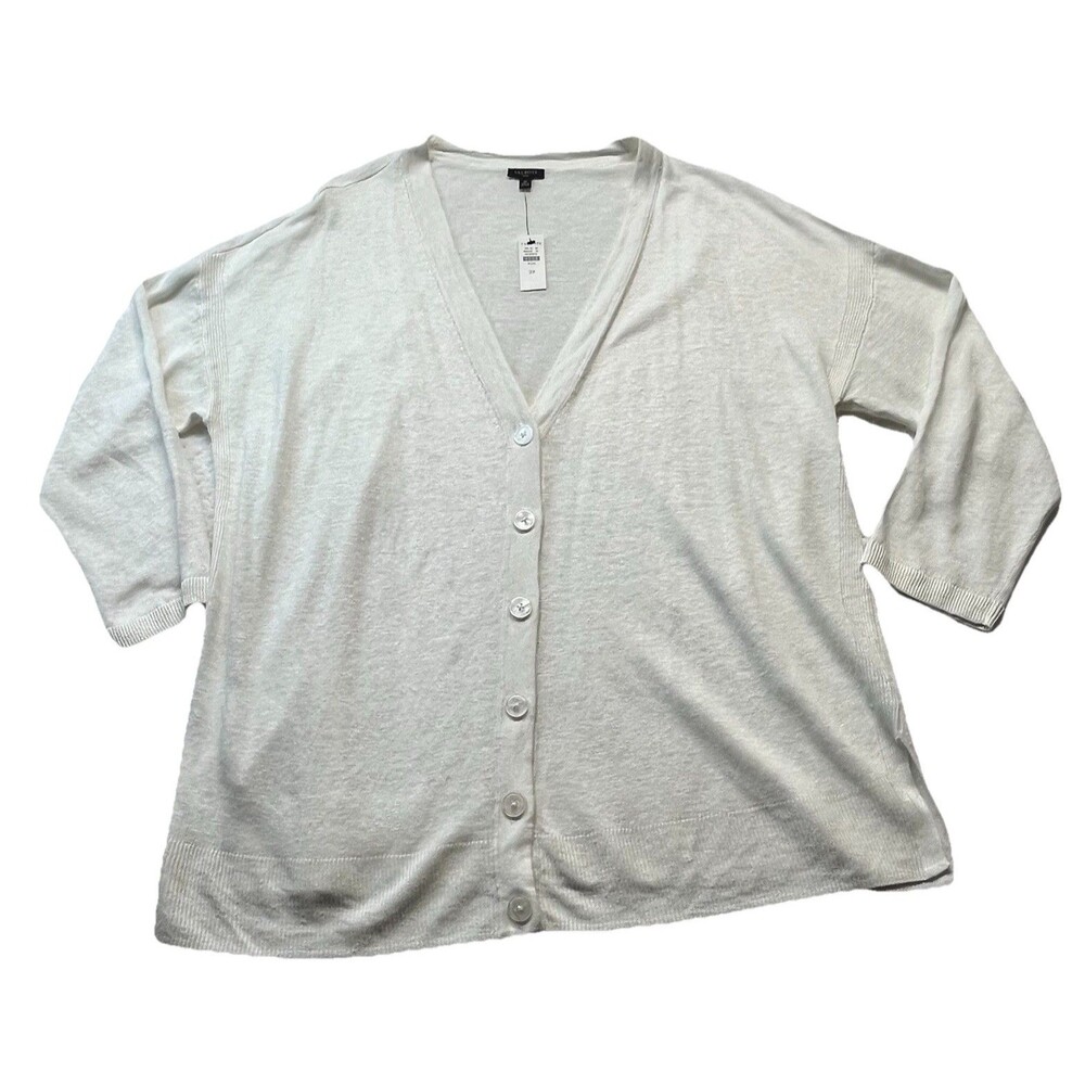 Talbots Cardigan Womens 2X Plus Ivory 100% Linen Button Down Sweater Academia